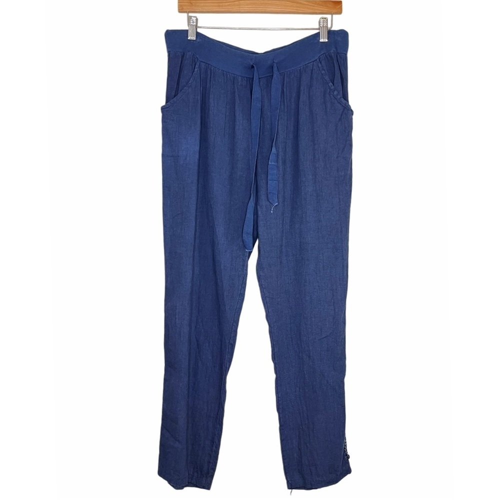 Made in Italy Navy Blue OS Boho Artsy Linen Cotton Blend Drawstring Waist Pants